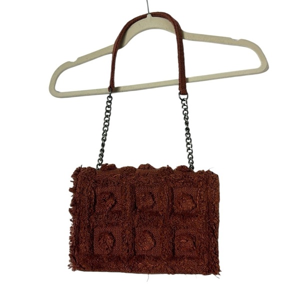 Zara Burnt Orange Fringed Fabric Crossbody Shoulder Bag Chain Woven Boho Purse - Picture 1 of 11